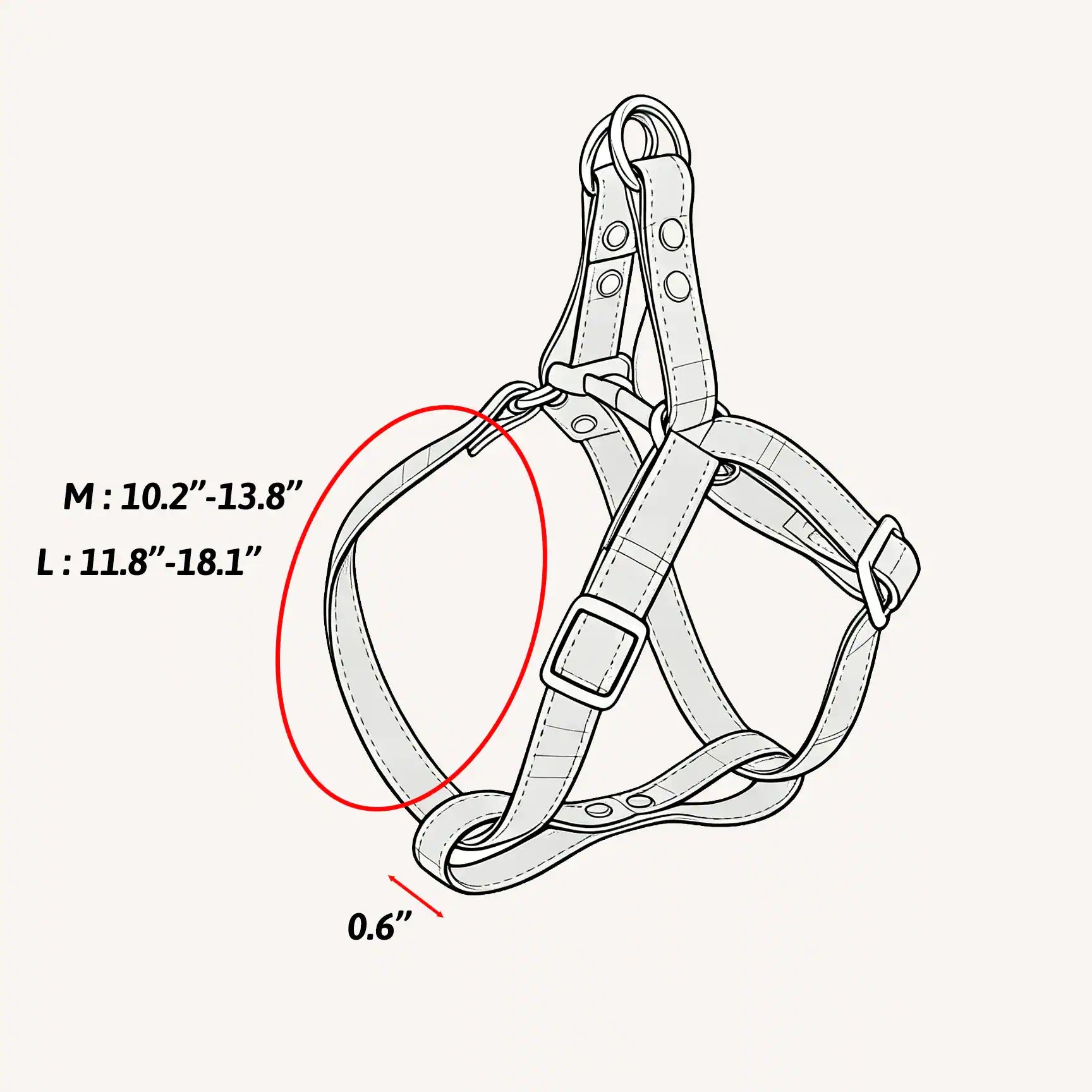 size chart of the gallery harness, 0.6 in width, and neck range from 10.2 in to 18.1 in available.