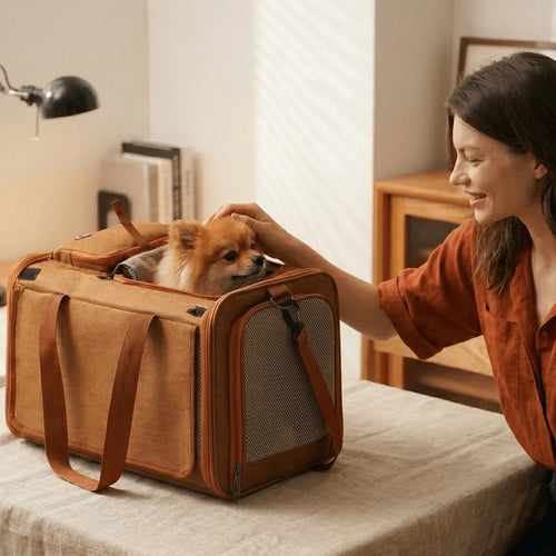A model is petting a puppy inside a pet carrier