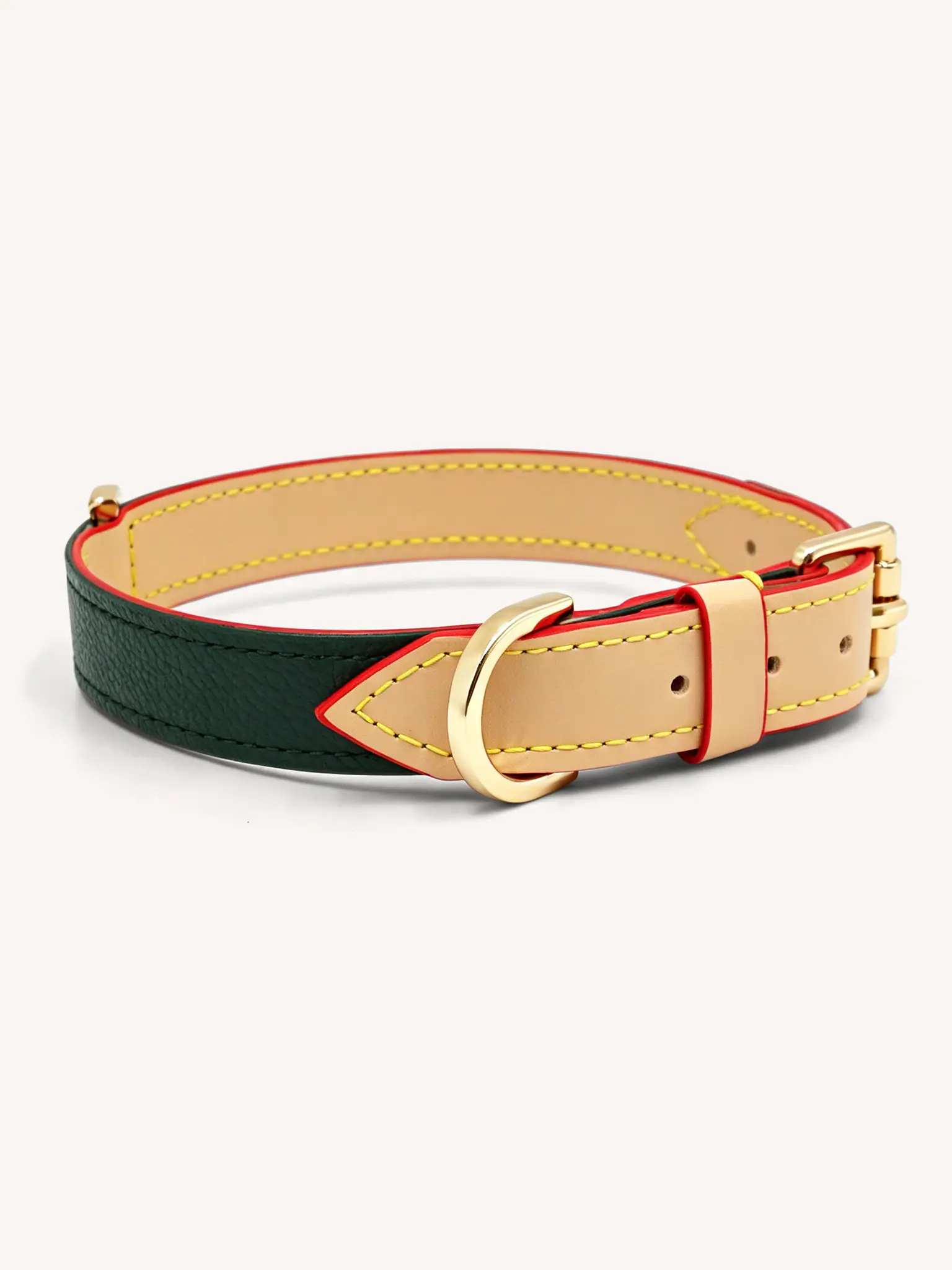The dark green leather collar was lying flat on the ground