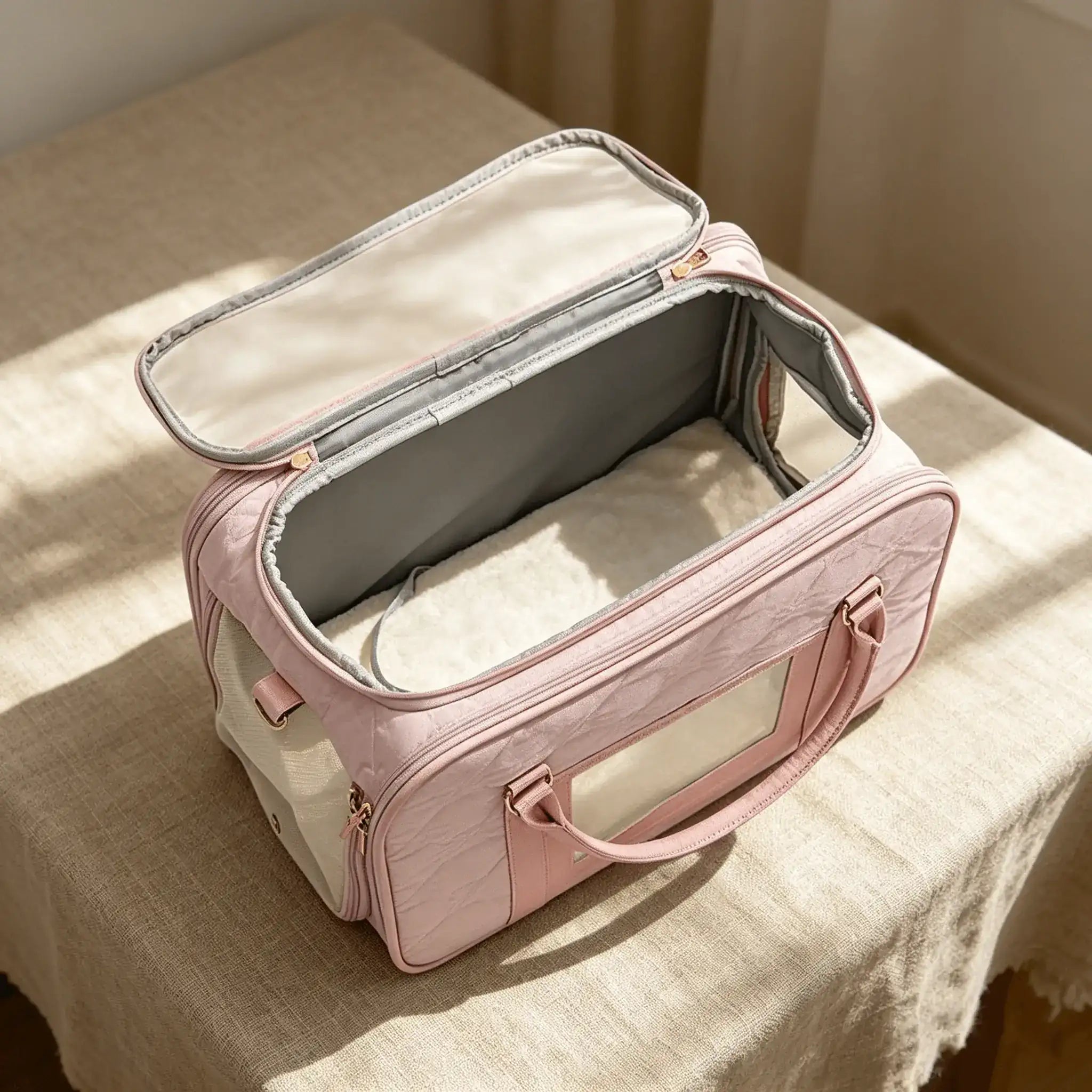 Top view of the soft-side carrier, with the mesh window open